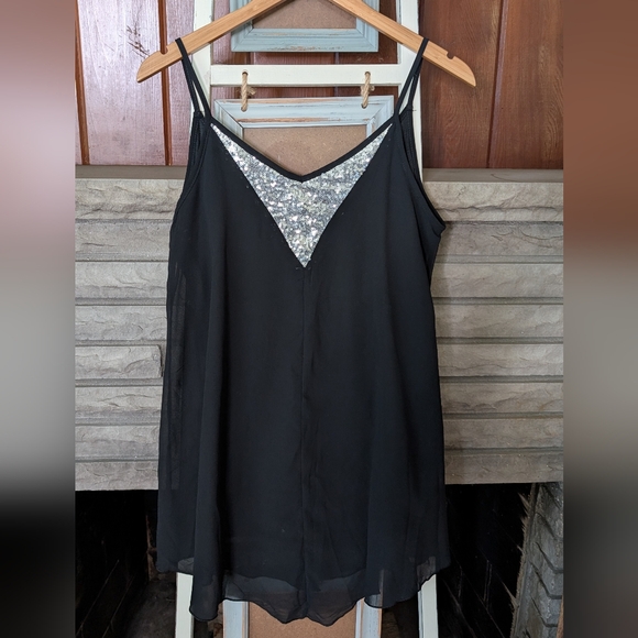 Tops - Black Sequin-Trim Spaghetti Strap Women's Top Size Medium